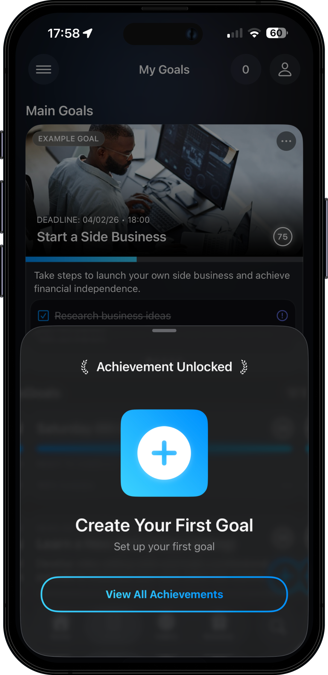 Goalsreach goals screen showing a main goal and subgoals