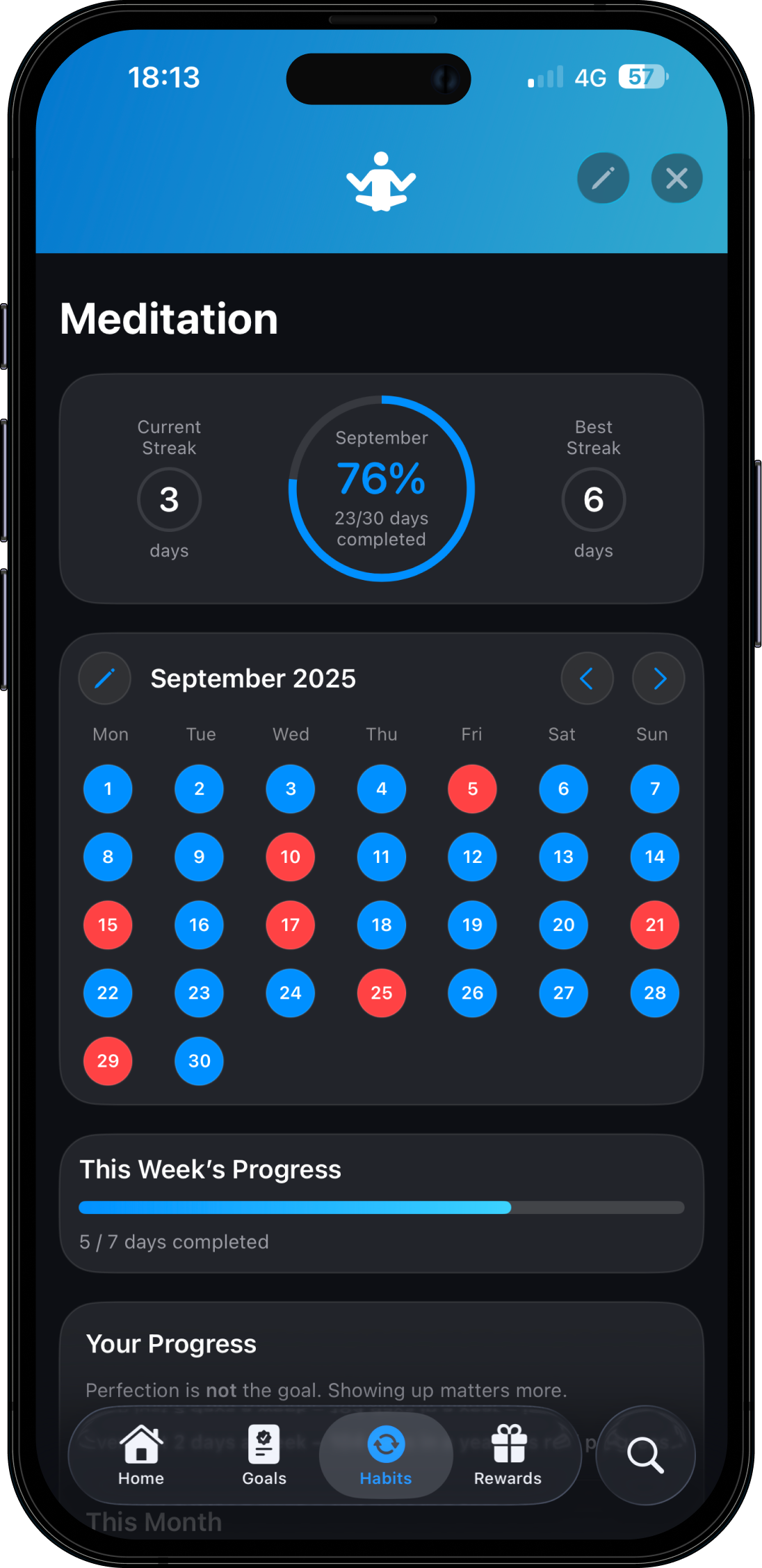 Goalsreach habit calendar screen