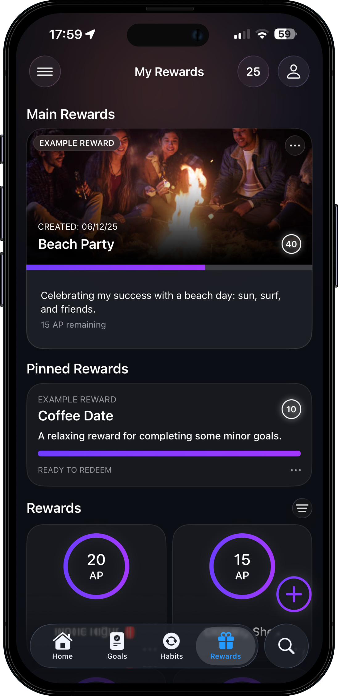 Goalsreach rewards screen showing main and pinned rewards